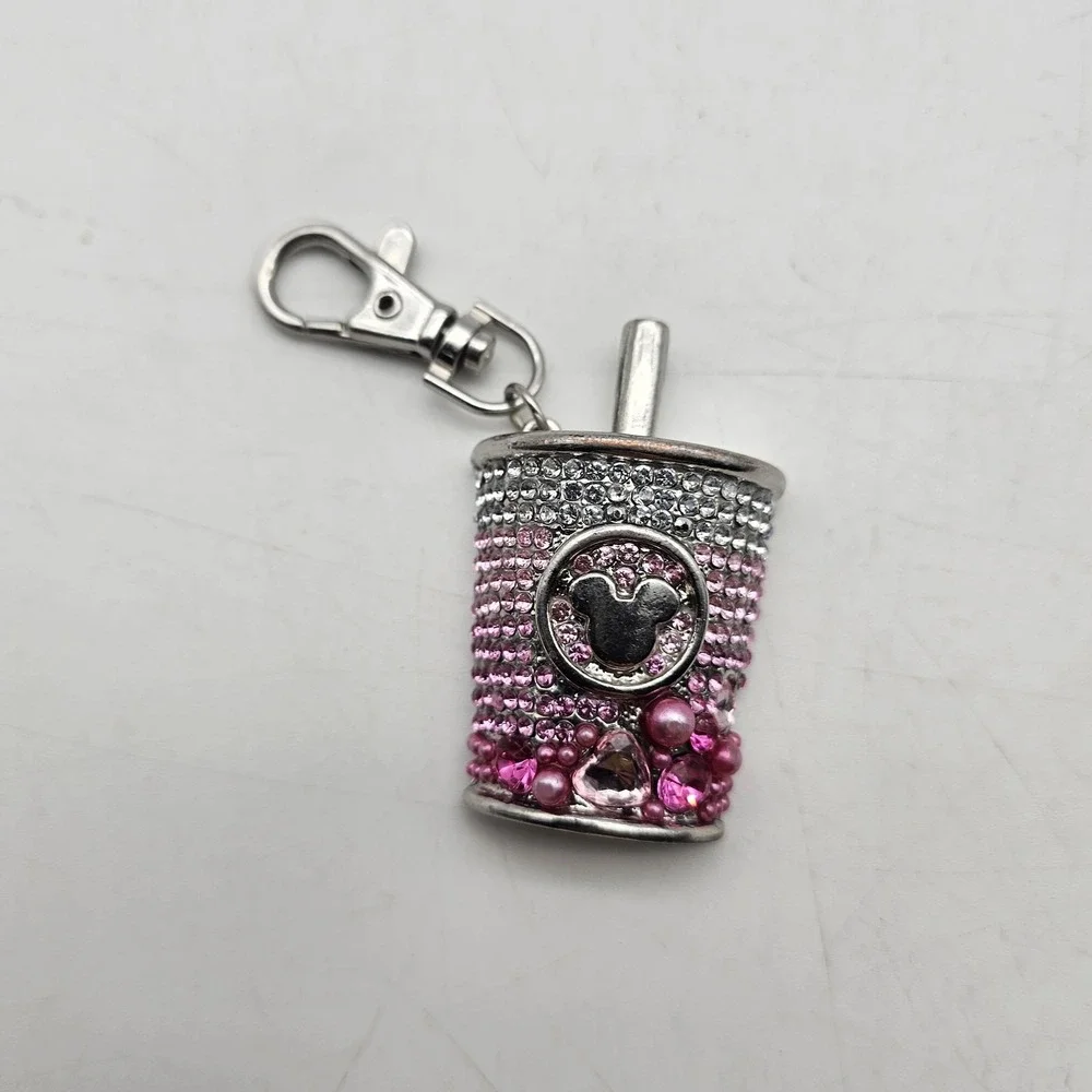 Disney Mickey Mouse Pink Rhinestone Drink Cup‎ Keychain Bag Charm Bling